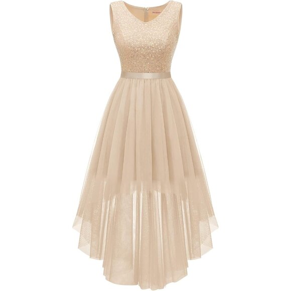 BeryLove Women Tulle Champagne Navy Chiffon Scoop Neck Sleeveless Cocktail Dress - Picture 1 of 7